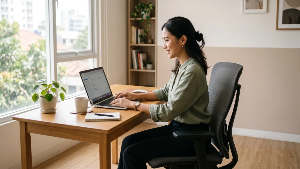 Wanita bekerja dengan kursi ergonomis